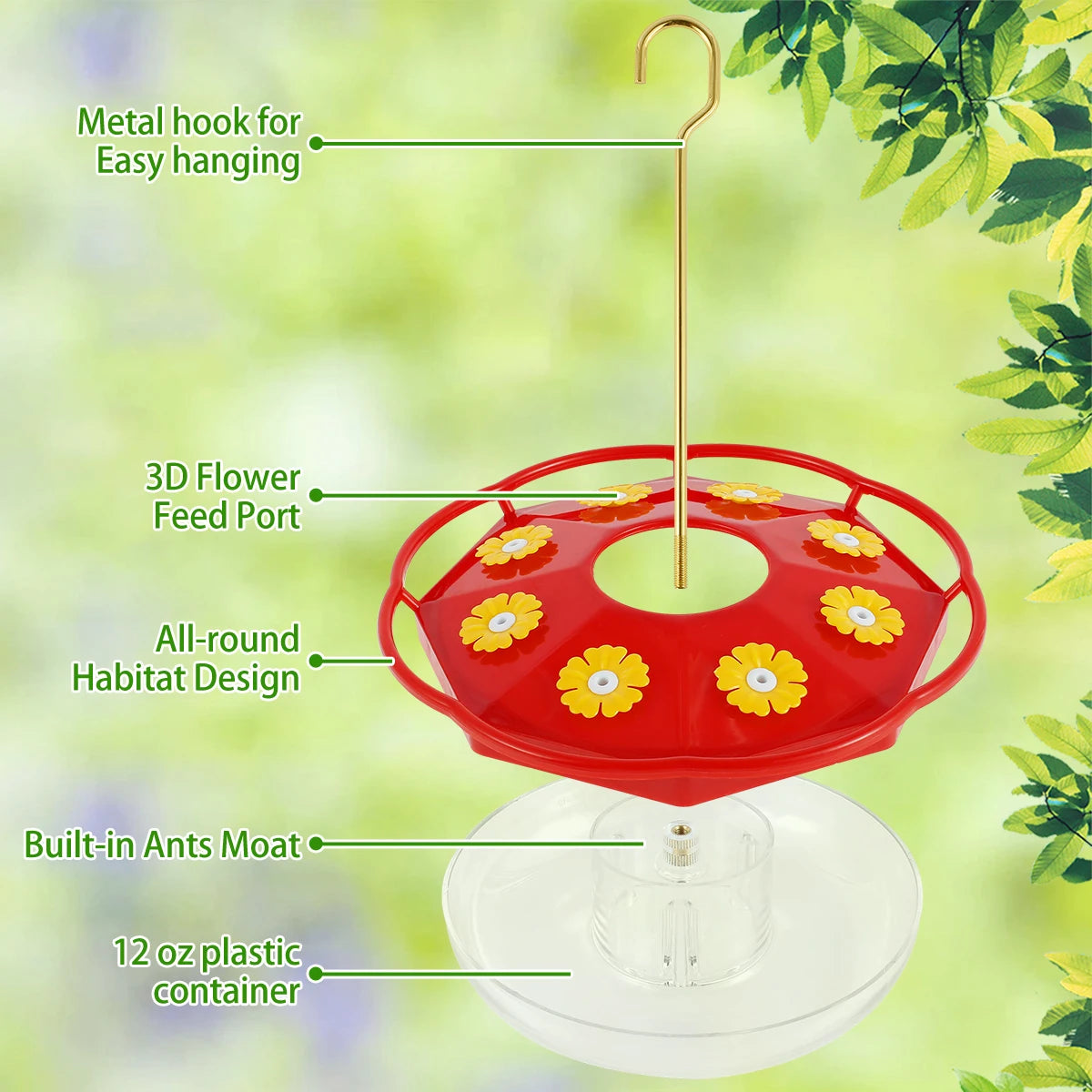 Hummingbird Feeder, 8-Port Hanging Bird Feeder with Built-In Ant Moat