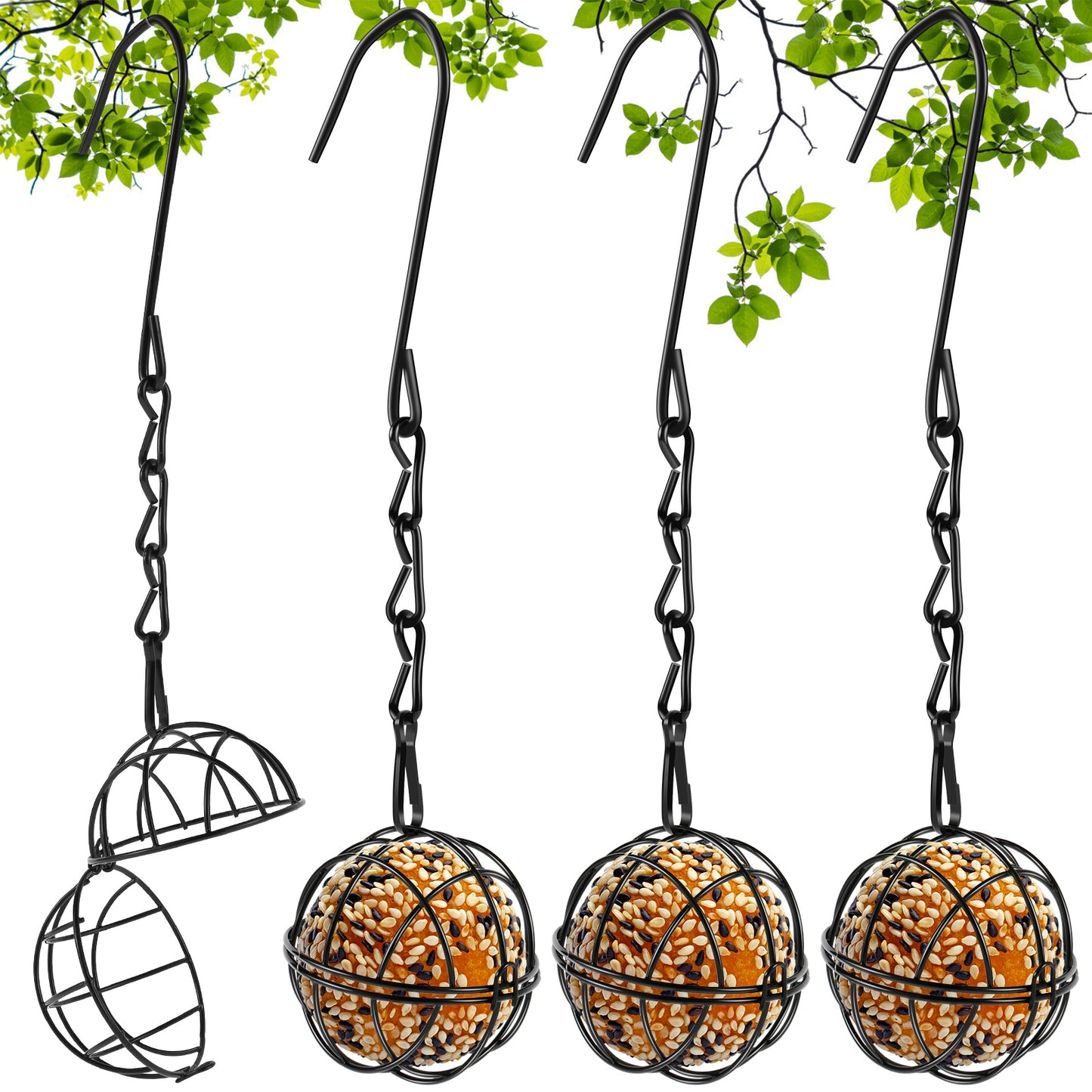 Metal Suet Ball Bird Feeder Set of 4 with Hanging Chain Hooks
