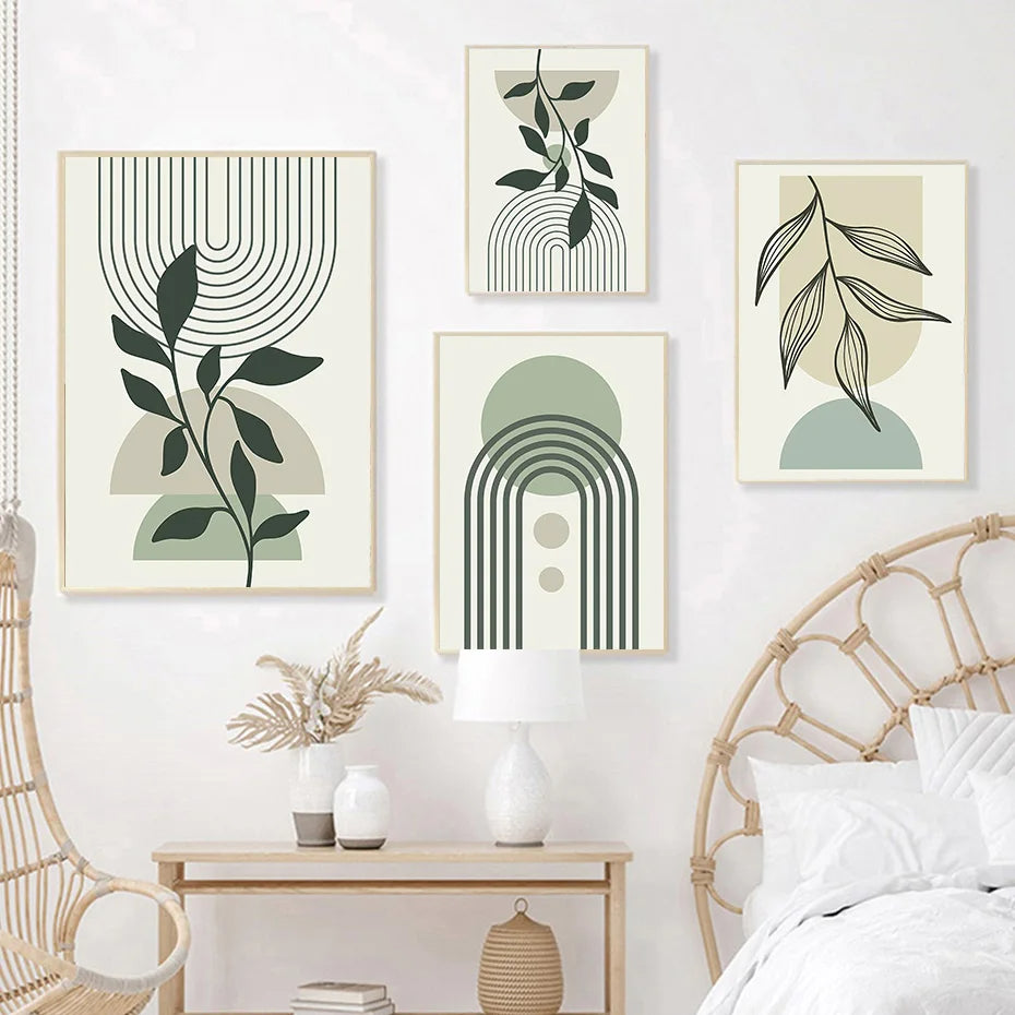 Sage Green Boho Wall Art, Abstract Leaf & Geometric Line Prints
