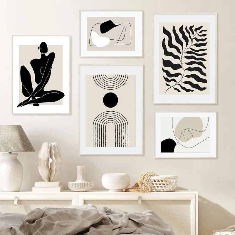Abstract Boho Canvas Wall Art Set, Beige & Black Line Prints