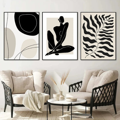 Abstract Boho Canvas Wall Art Set, Beige & Black Line Prints