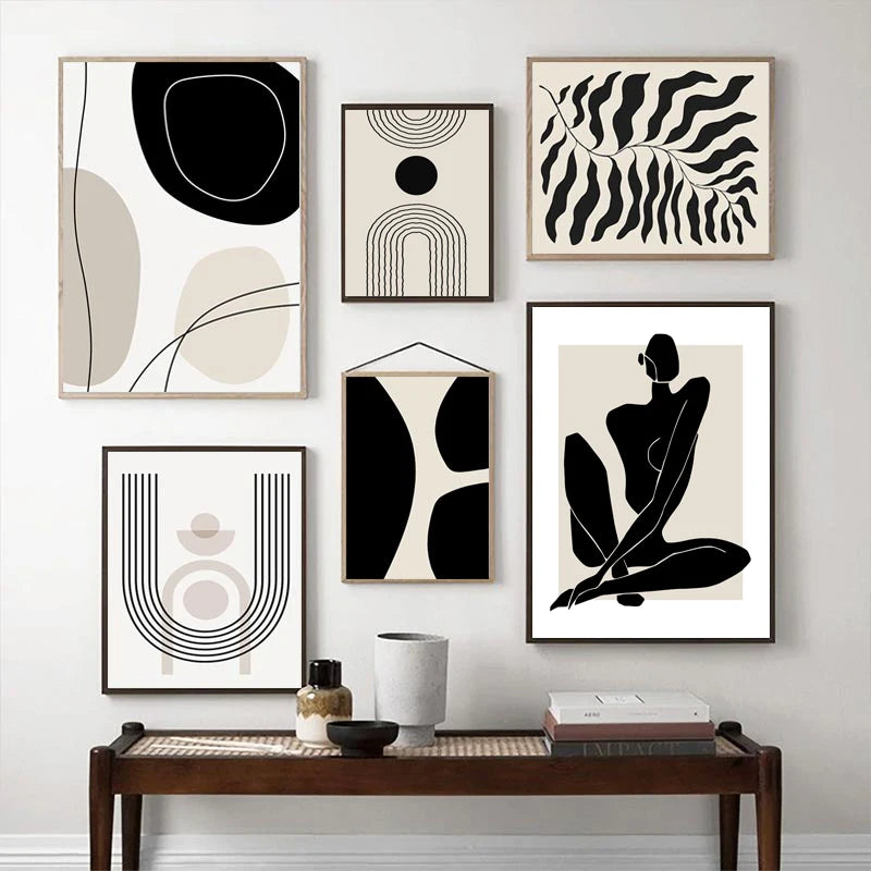Black & Beige Abstract Wall Art, Boho Geometric Line Print Set