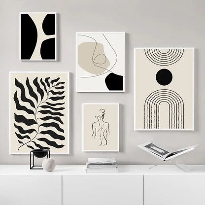Black & Beige Abstract Wall Art, Boho Geometric Line Print Set