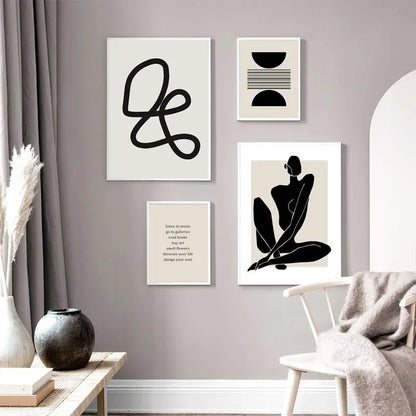 Black & Beige Abstract Wall Art, Boho Geometric Line Print Set