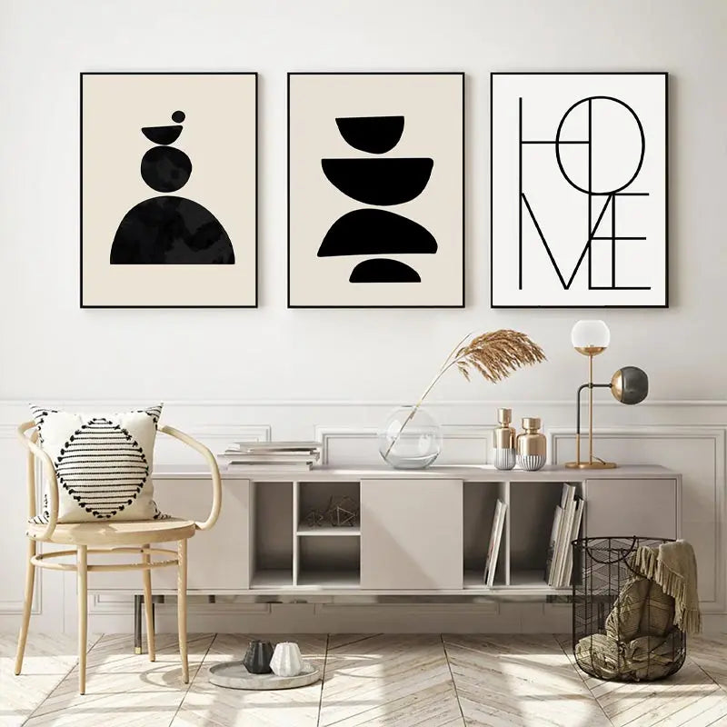 Black & Beige Abstract Wall Art, Boho Geometric Line Print Set