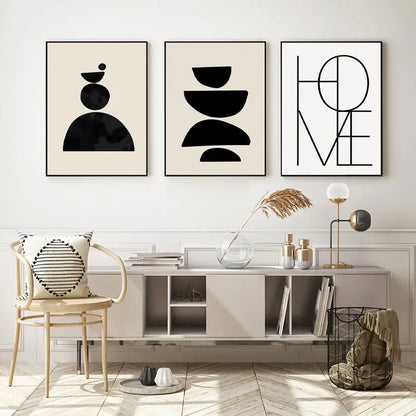 Black & Beige Abstract Wall Art, Boho Geometric Line Print Set