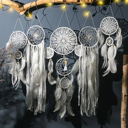 Boho Dream Catcher Set of 5 — Crochet Lace Feather Wall Hanging