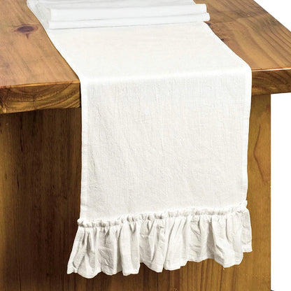 White Cotton Ruffle Table Runner, Rustic Wedding Farmhouse