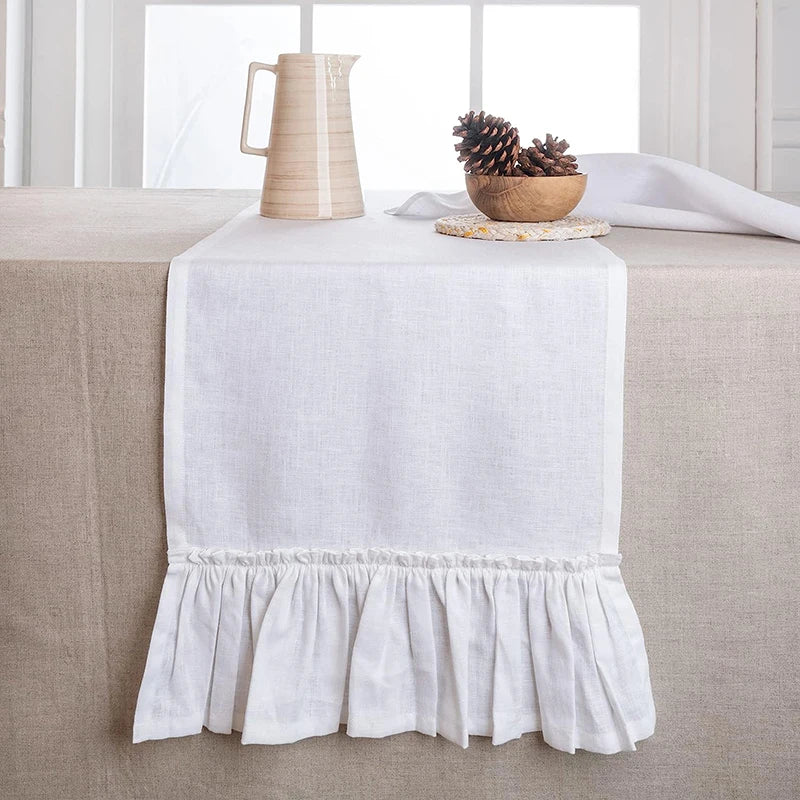White Cotton Ruffle Table Runner, Rustic Wedding Farmhouse
