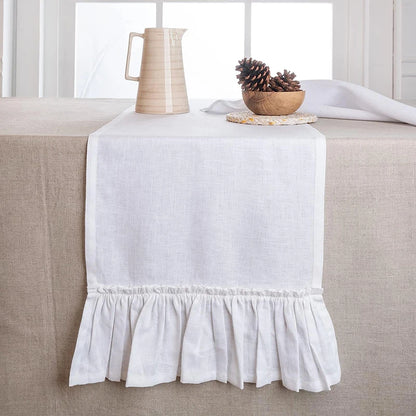 White Cotton Ruffle Table Runner, Rustic Wedding Farmhouse
