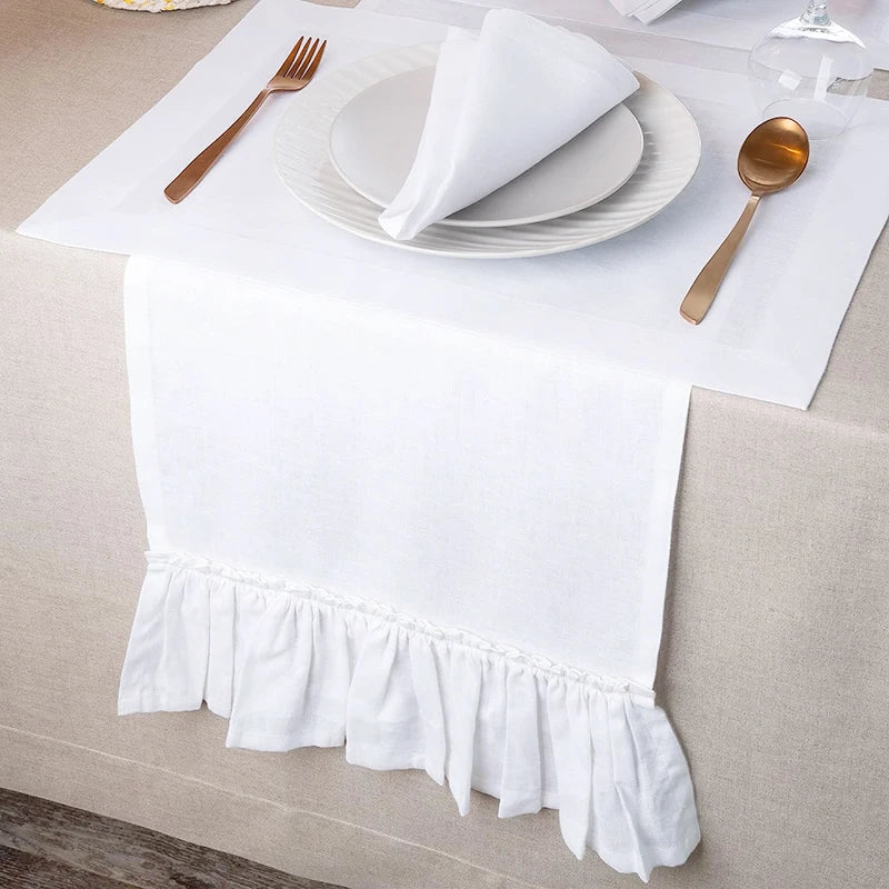 White Cotton Ruffle Table Runner, Rustic Wedding Farmhouse