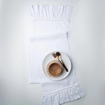 White Cotton Ruffle Table Runner, Rustic Wedding Farmhouse