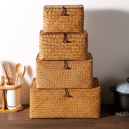 Handwoven Seagrass Storage Basket with Lid, Natural Wicker Box