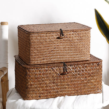 Handwoven Seagrass Storage Basket with Lid, Natural Wicker Box