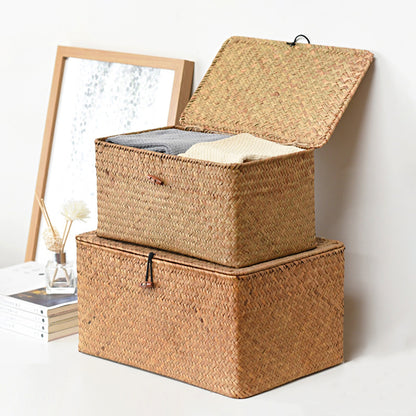 Handwoven Seagrass Storage Basket with Lid, Natural Wicker Box