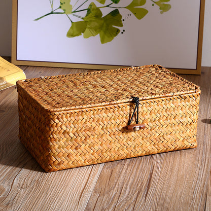 Handwoven Seagrass Storage Basket with Lid, Natural Wicker Box