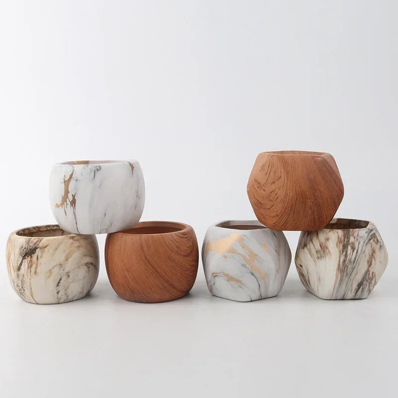 Nordic Ceramic Succulent Pot with Bamboo Tray - Marble & Wood Look