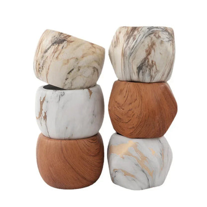 Nordic Ceramic Succulent Pot with Bamboo Tray - Marble & Wood Look