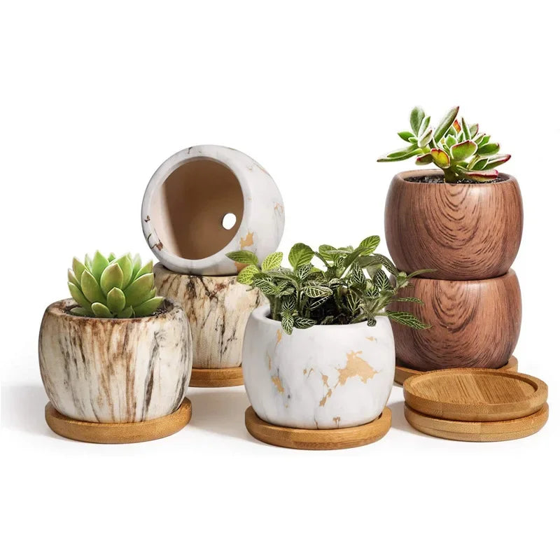 Nordic Ceramic Succulent Pot with Bamboo Tray - Marble & Wood Look
