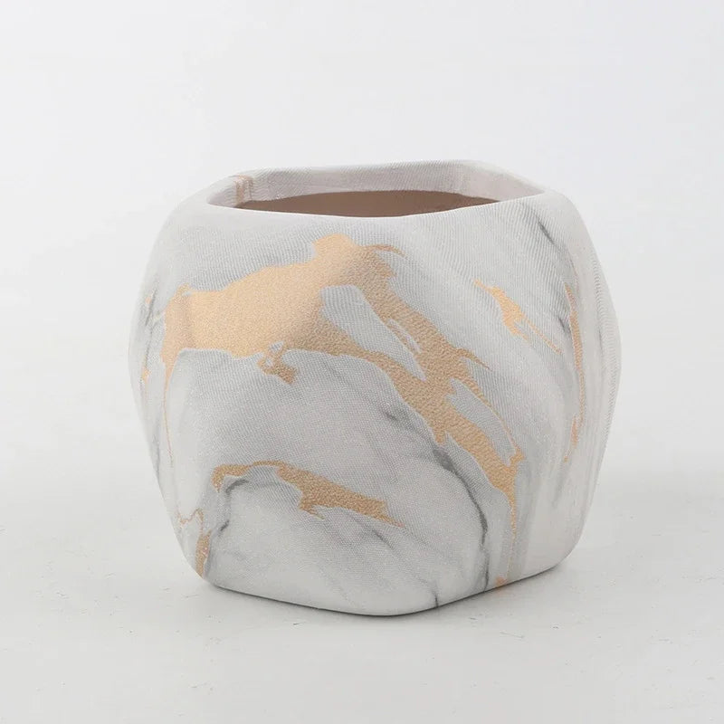 Nordic Ceramic Succulent Pot with Bamboo Tray - Marble & Wood Look