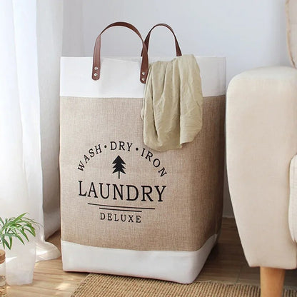 Large Laundry Basket with Leather Handles, Tall Fabric Hamper