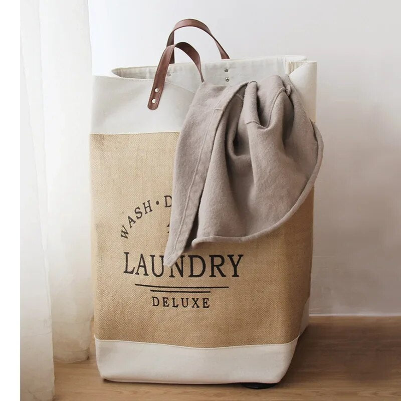 Large Laundry Basket with Leather Handles, Tall Fabric Hamper