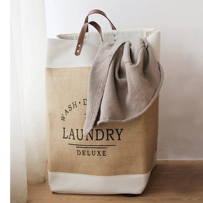 Large Laundry Basket with Leather Handles, Tall Fabric Hamper