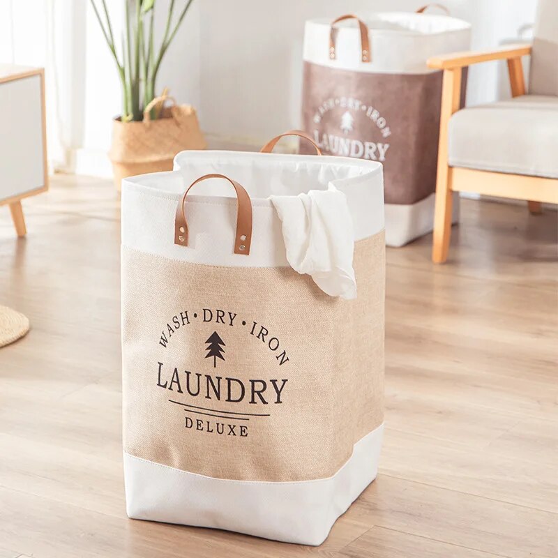 Large Laundry Basket with Leather Handles, Tall Fabric Hamper