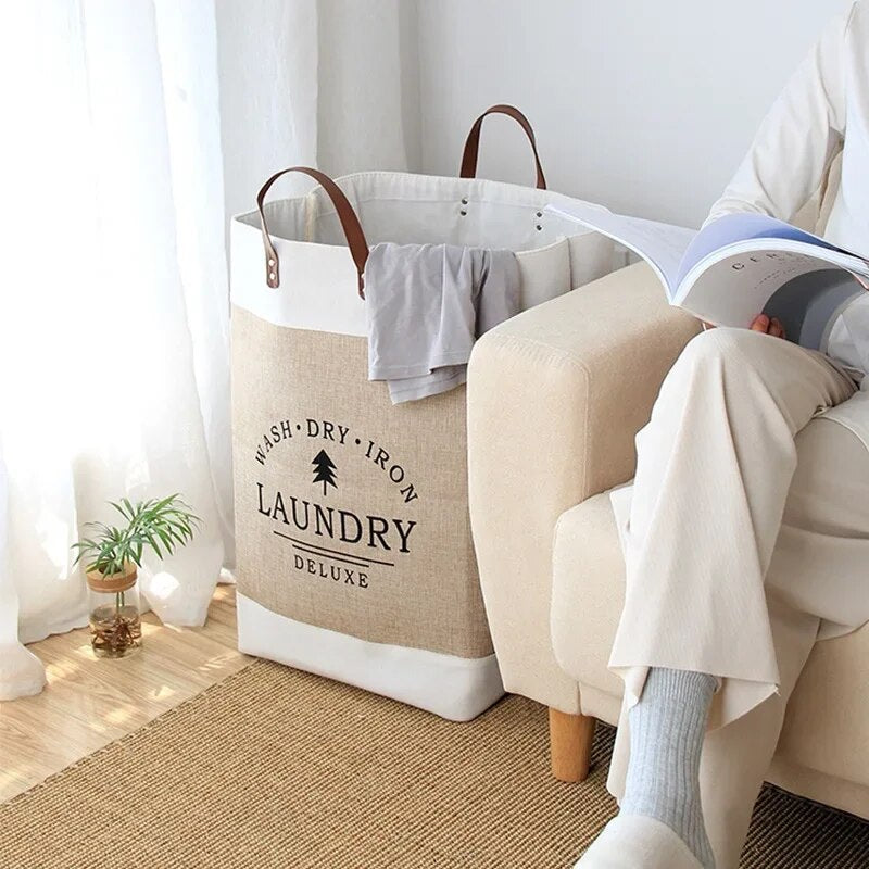 Large Laundry Basket with Leather Handles, Tall Fabric Hamper