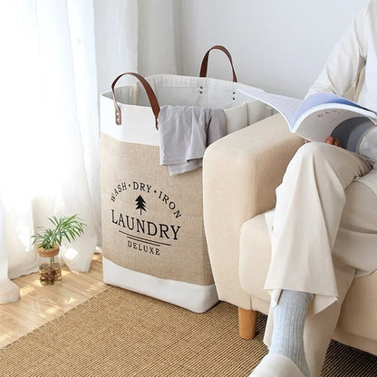 Large Laundry Basket with Leather Handles, Tall Fabric Hamper