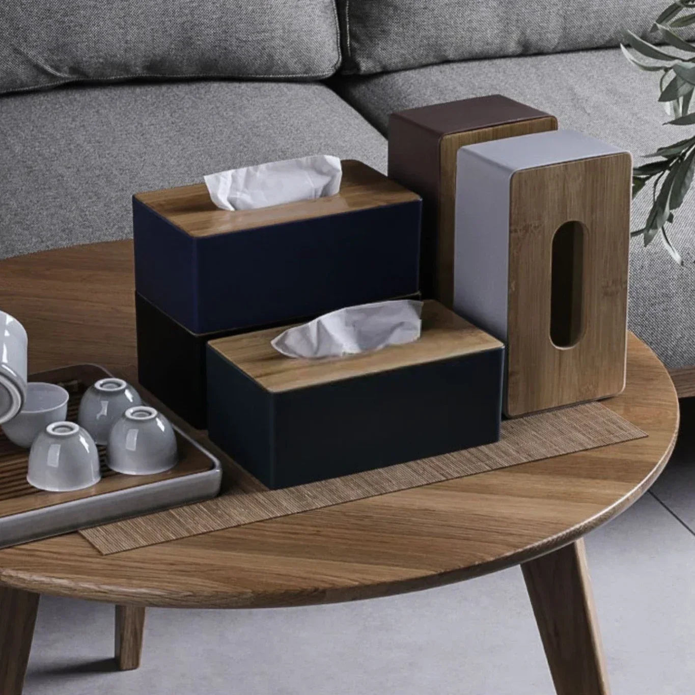 Wood & Leather Tissue Box - Bamboo Lid Napkin Holder