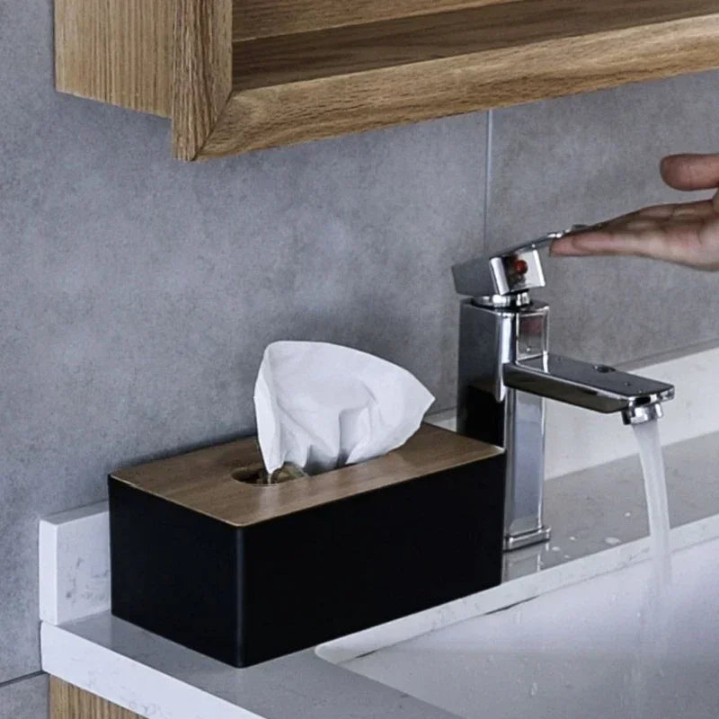 Wood & Leather Tissue Box - Bamboo Lid Napkin Holder