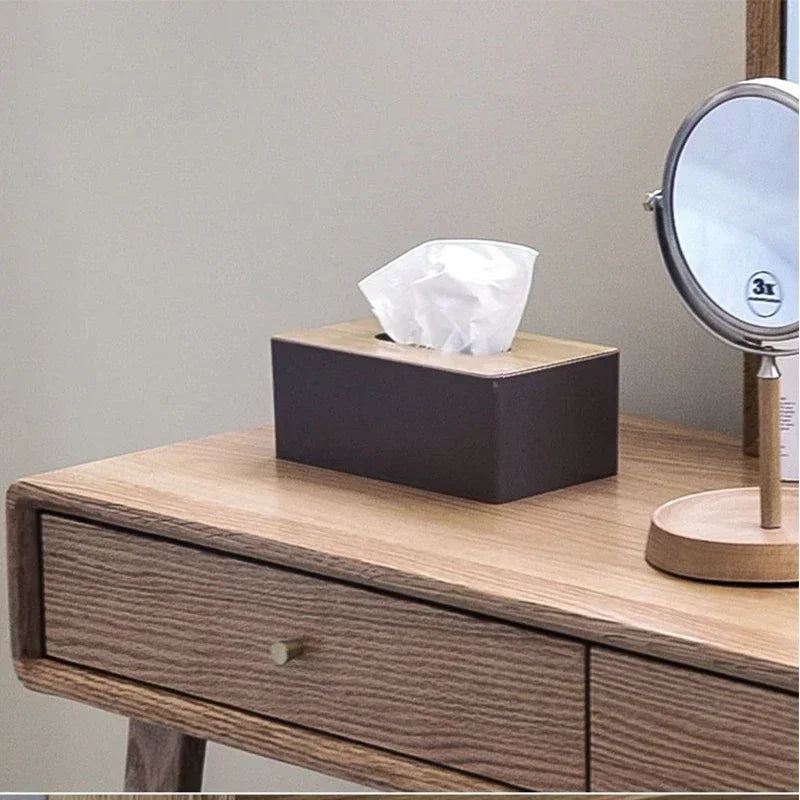 Wood & Leather Tissue Box - Bamboo Lid Napkin Holder