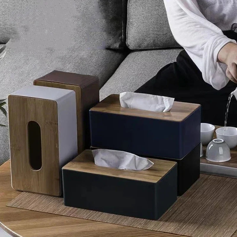 Wood & Leather Tissue Box - Bamboo Lid Napkin Holder