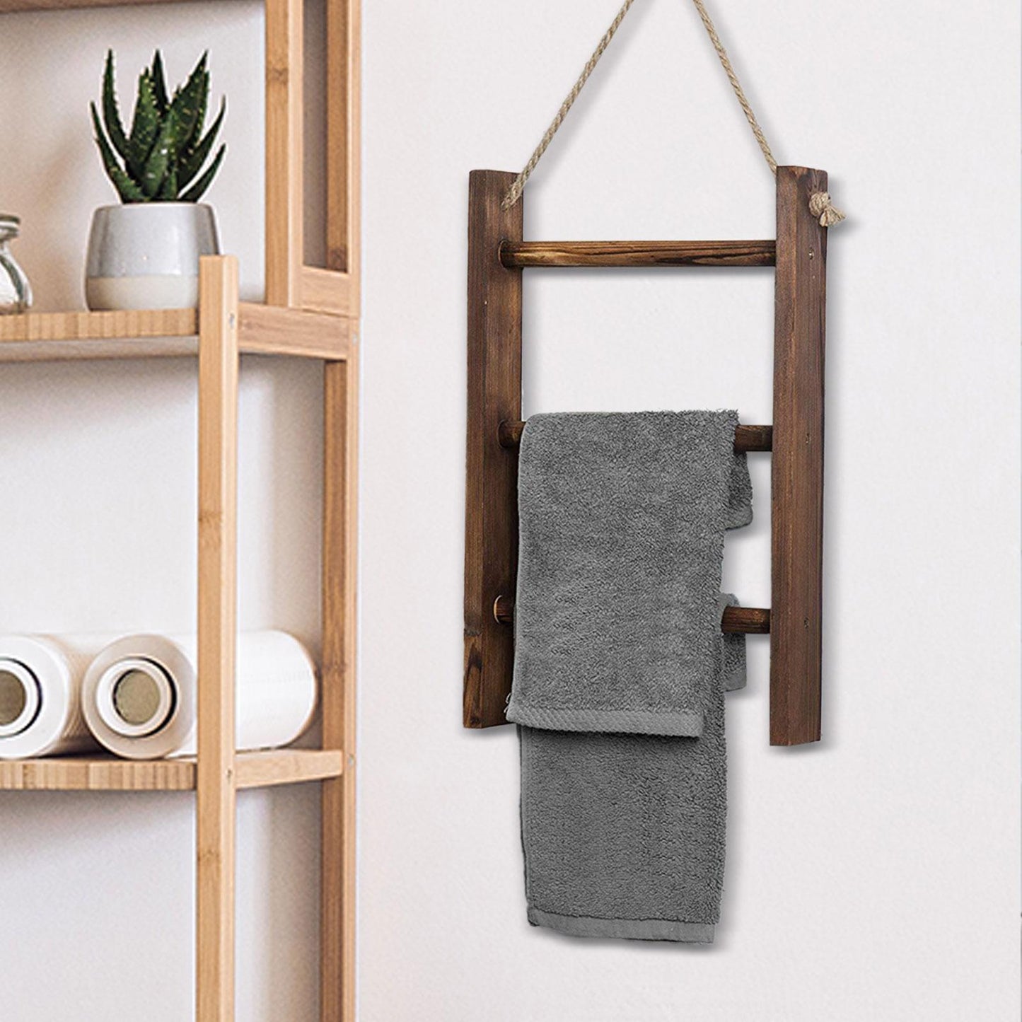 Rustic Wood Hanging Towel Ladder, 3-Tier Rope-Hung Bathroom Rack