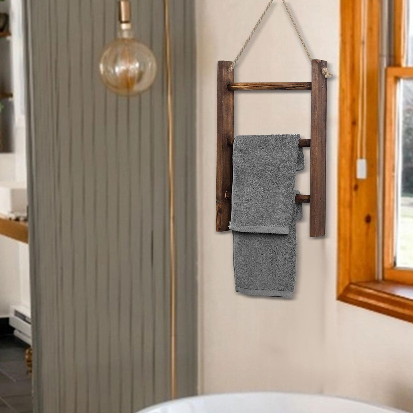 Rustic Wood Hanging Towel Ladder, 3-Tier Rope-Hung Bathroom Rack