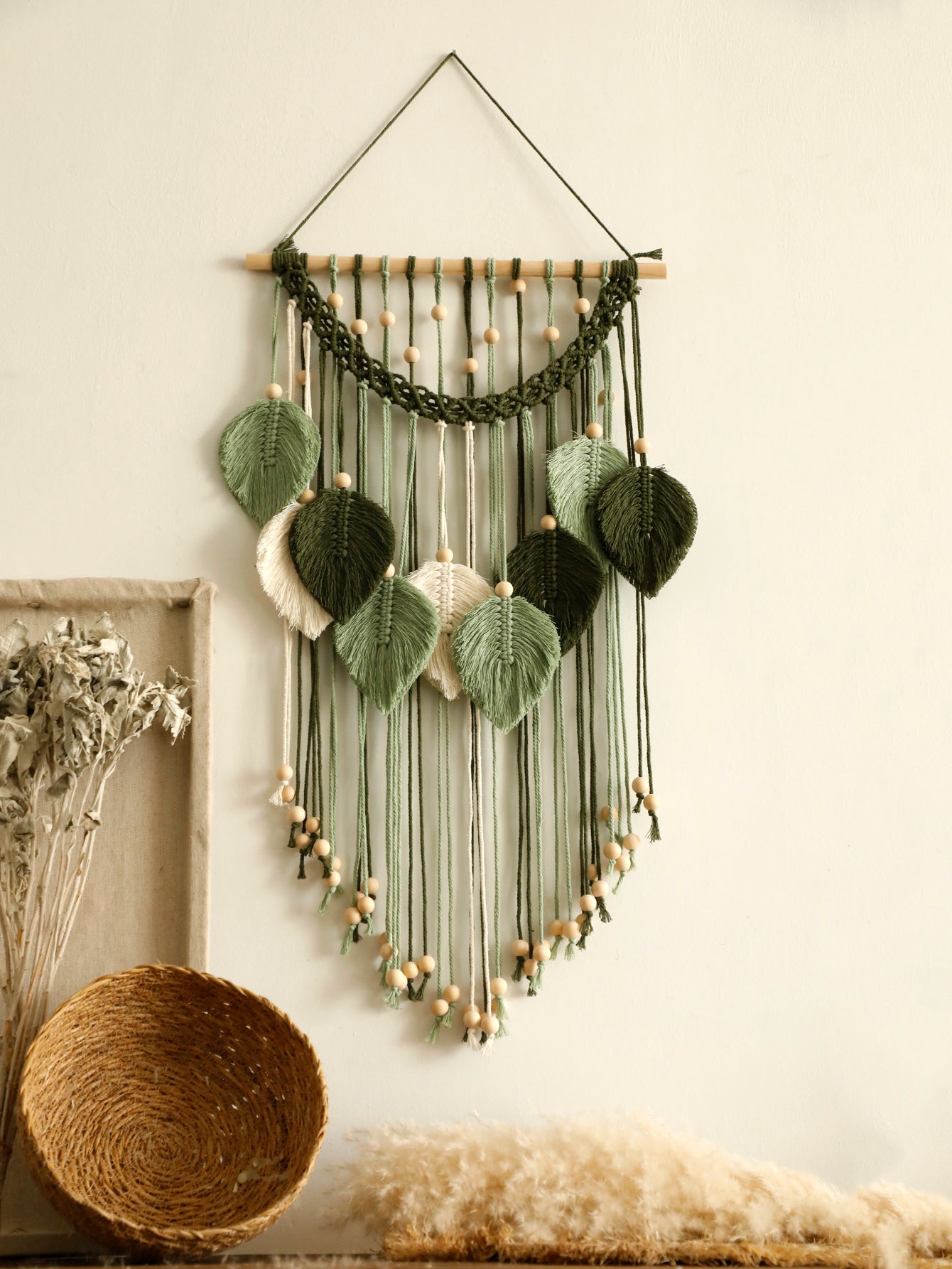 Macrame Leaf Tapestry — Boho Woven Wall Hanging with Wood Beads