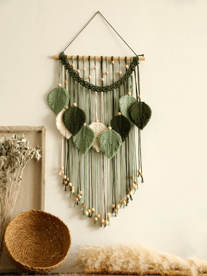 Macrame Leaf Tapestry — Boho Woven Wall Hanging with Wood Beads