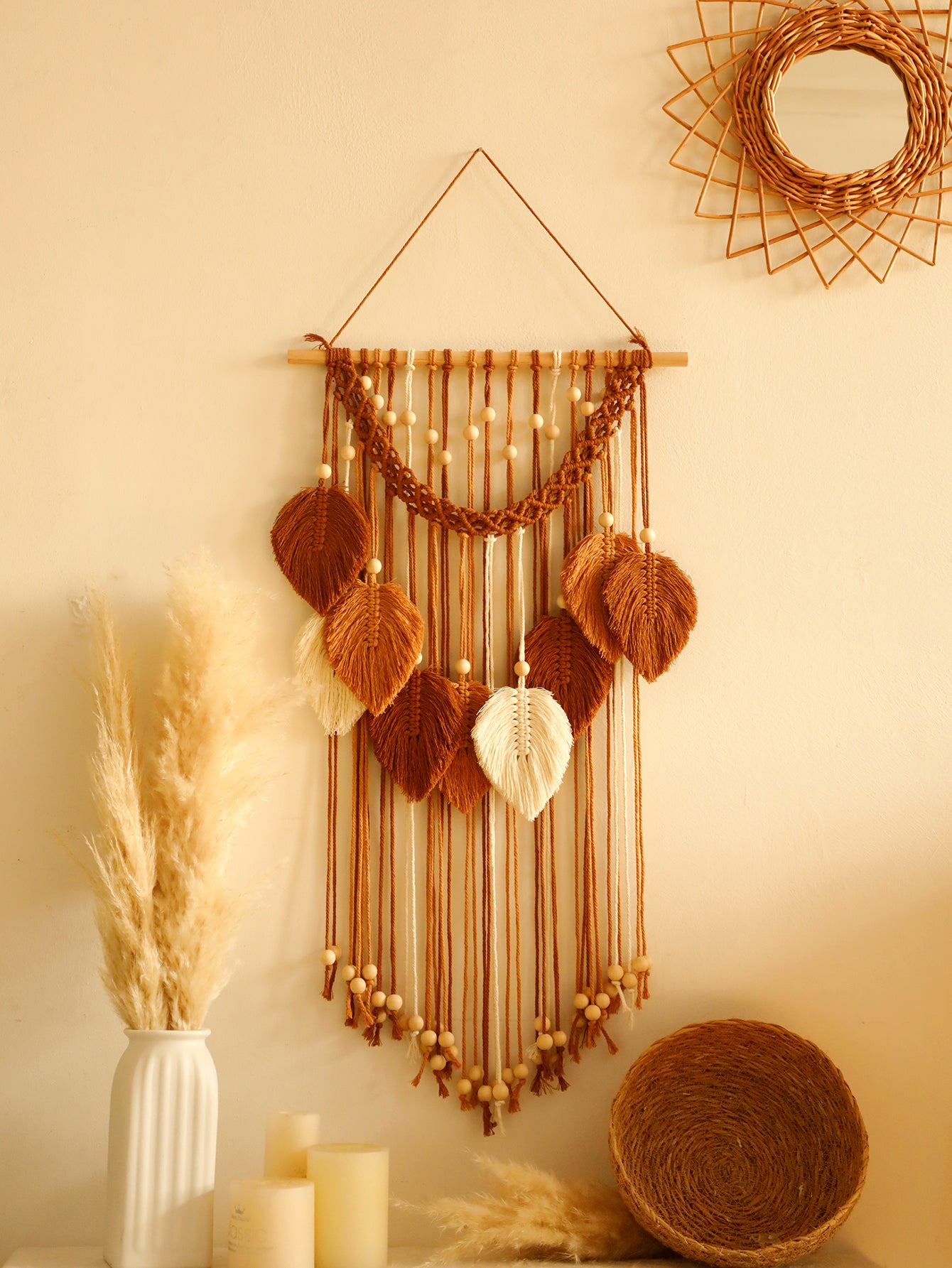 Macrame Leaf Tapestry — Boho Woven Wall Hanging with Wood Beads
