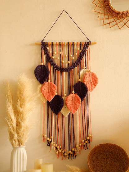 Macrame Leaf Tapestry — Boho Woven Wall Hanging with Wood Beads