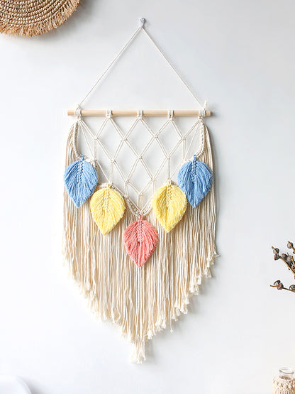 Macrame Leaf Tapestry — Boho Woven Wall Hanging with Wood Beads