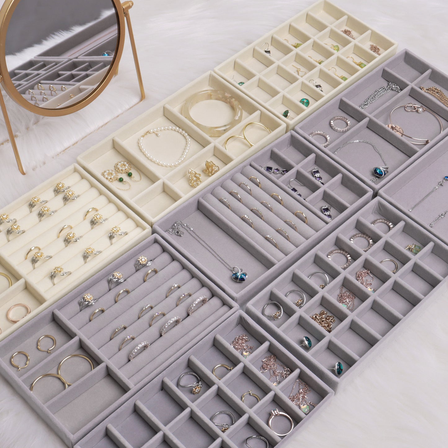Velvet Jewelry Tray Organizer - Stackable Drawer Display for Rings & Earrings