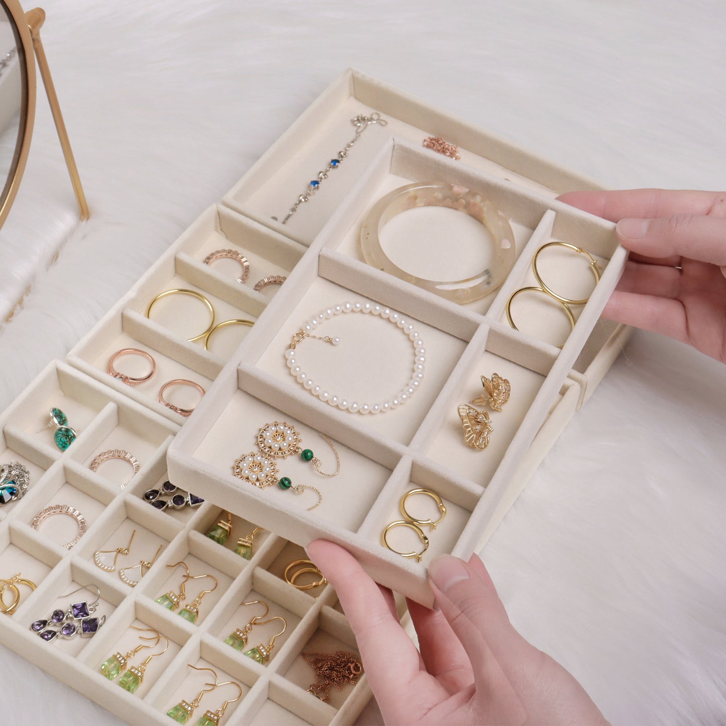 Velvet Jewelry Tray Organizer - Stackable Drawer Display for Rings & Earrings