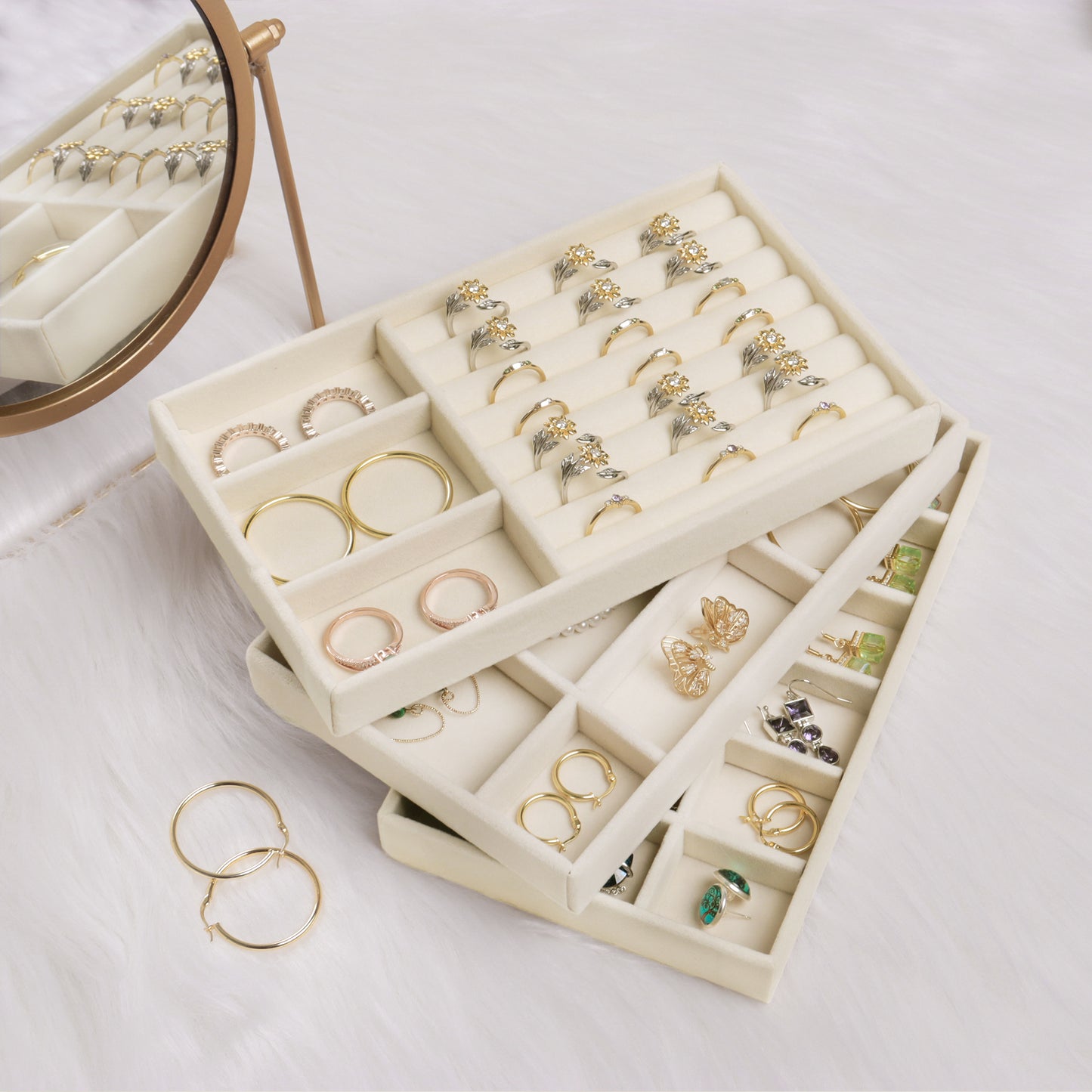 Velvet Jewelry Tray Organizer - Stackable Drawer Display for Rings & Earrings