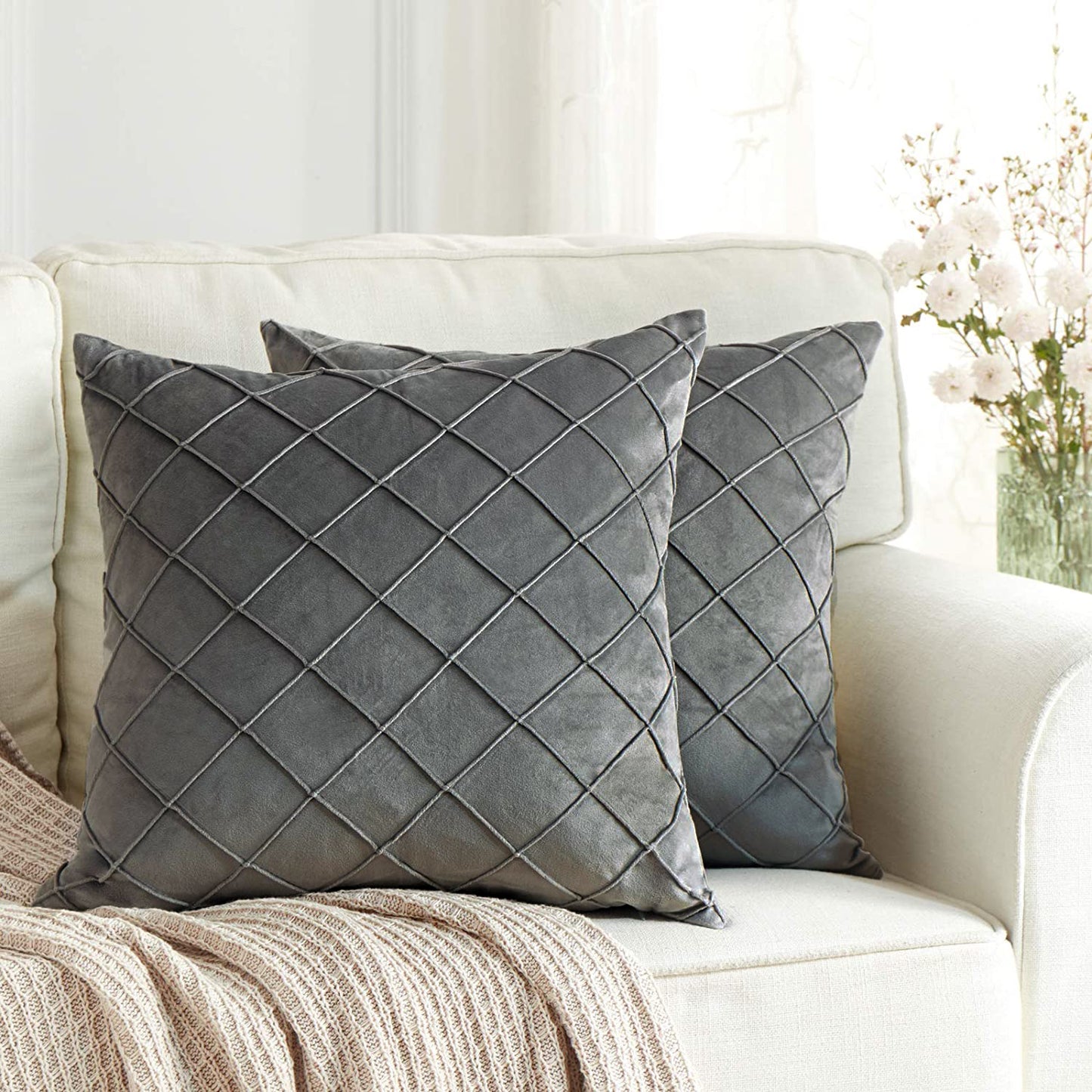 Velvet Pintuck Throw Pillow Covers — Soft Gray Cushion Covers