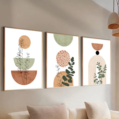 Boho Abstract Plant Wall Art, 3-Piece Mid-Century Print Set