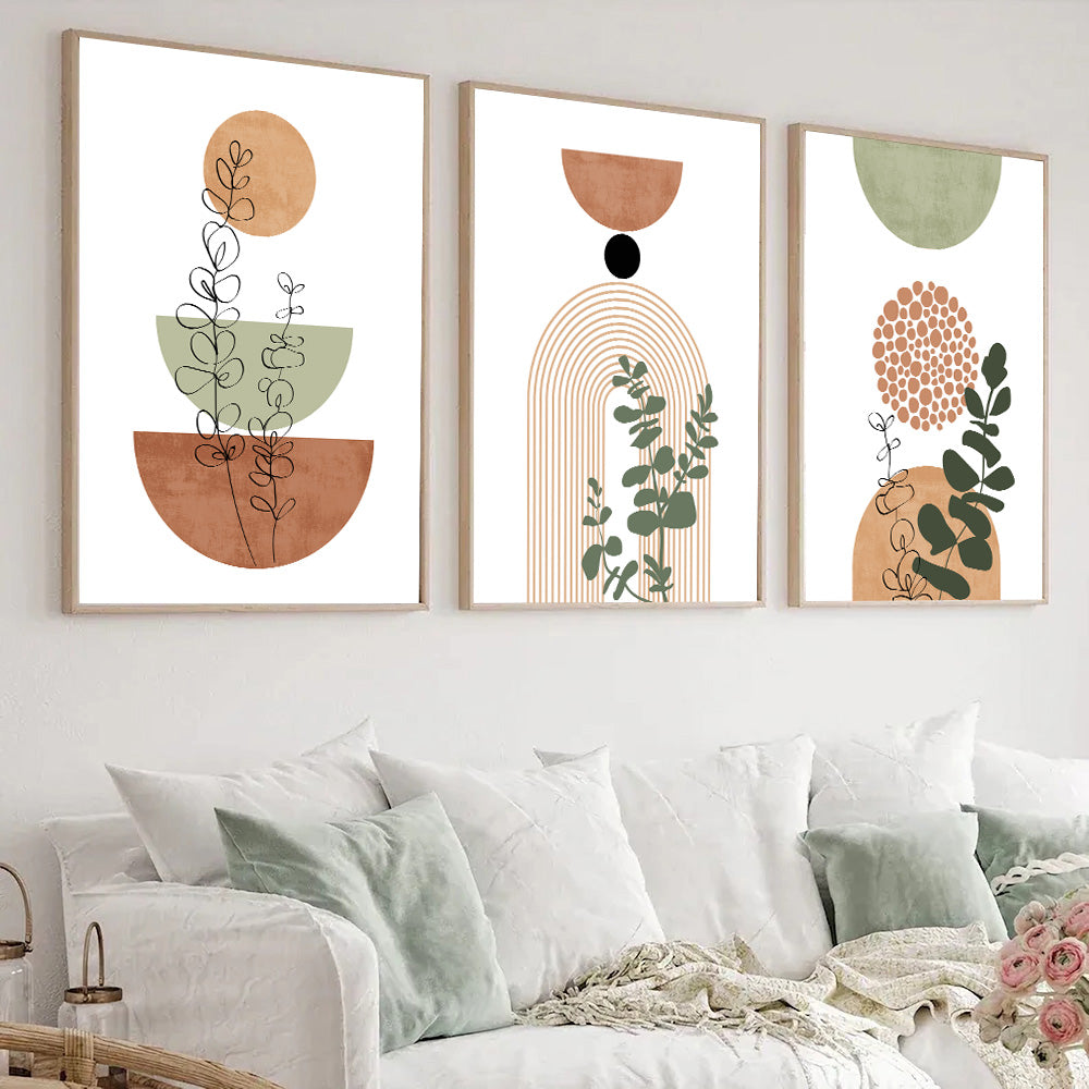 Boho Abstract Plant Wall Art, 3-Piece Mid-Century Print Set
