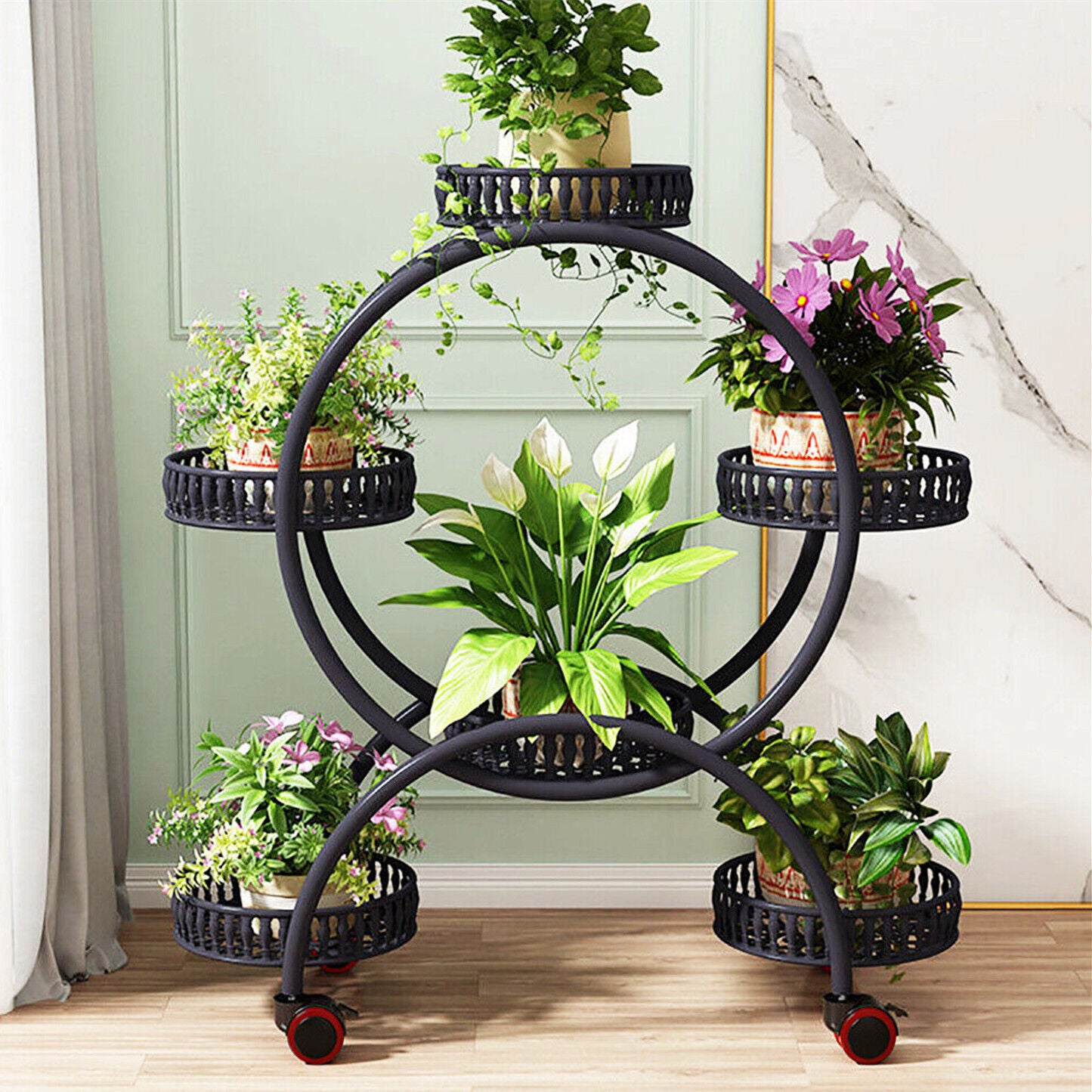 Rolling Round Plant Stand — 4-Tier 6-Pot Flower Cart with Wheels