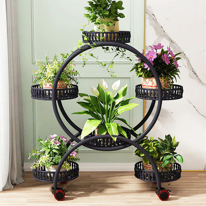 Rolling Round Plant Stand — 4-Tier 6-Pot Flower Cart with Wheels