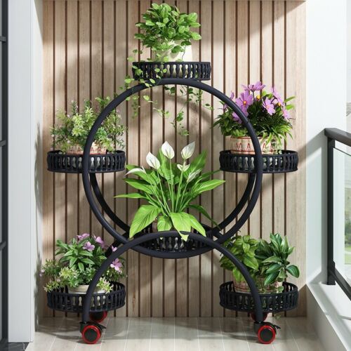 Rolling Round Plant Stand — 4-Tier 6-Pot Flower Cart with Wheels